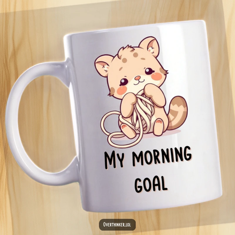 Funny mug featuring a cute animal character comically struggling to untangle itself from a giant ball of colorful yarn.