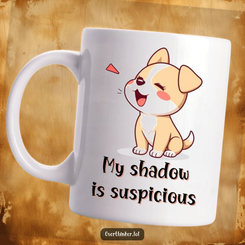 Funny Kawaii dog mug, a cute character barking at its own shadow with playful apprehension and comical confusion.