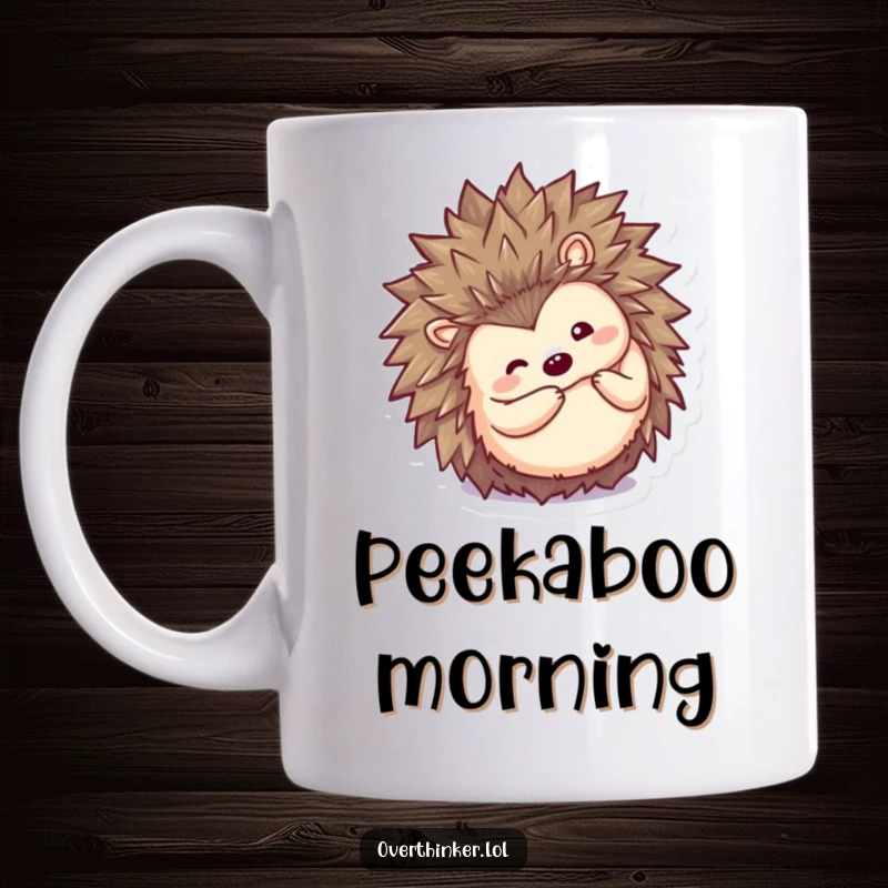 Funny Kawaii hedgehog mug, a cute character curling into a ball then peeking out inquisitively with charm.