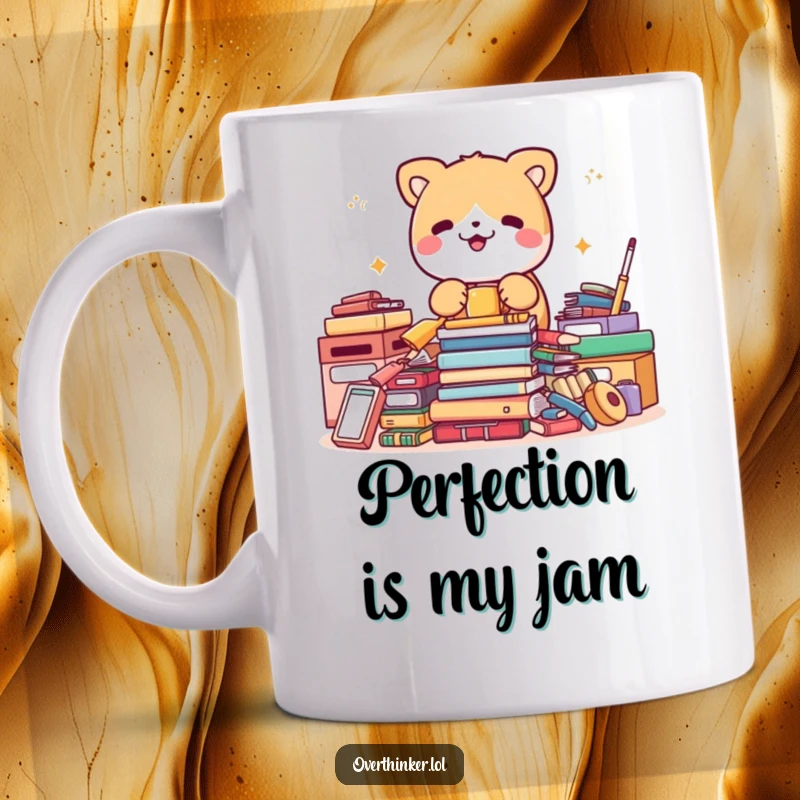 Funny mug showing a cute animal character in a frenzy, organizing a pile of items that are already perfectly neat and tidy.
