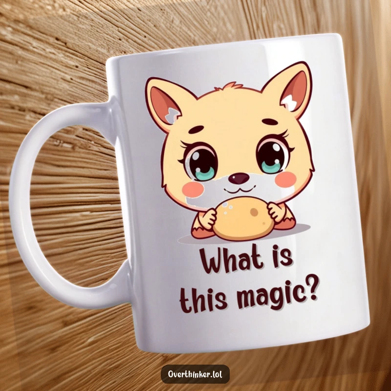Funny mug showcasing an animal character with huge, wide-open eyes staring intently at a small, mundane object in shock.