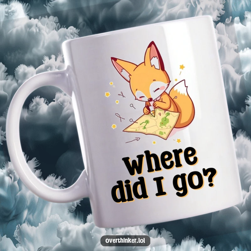 Funny fox character mug, frantically drawing multiple paths on a tiny map, portraying humorous indecision. Great gift.