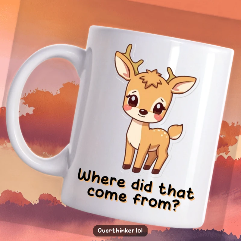 Funny mug with a deer character looking back with a confused expression at its own wagging tail, capturing a moment of self-discovery.