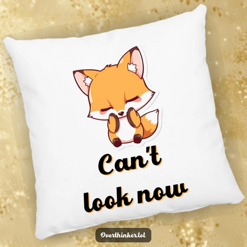 Funny pillow designed with a fox character covering its face with its paws, evoking a humorous sense of embarrassment.