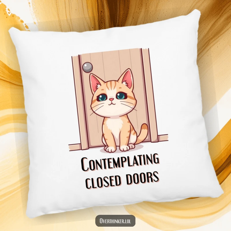 Funny pillow showing a cat with intense concentration staring at a closed door, offering comfort and a touch of feline intrigue.