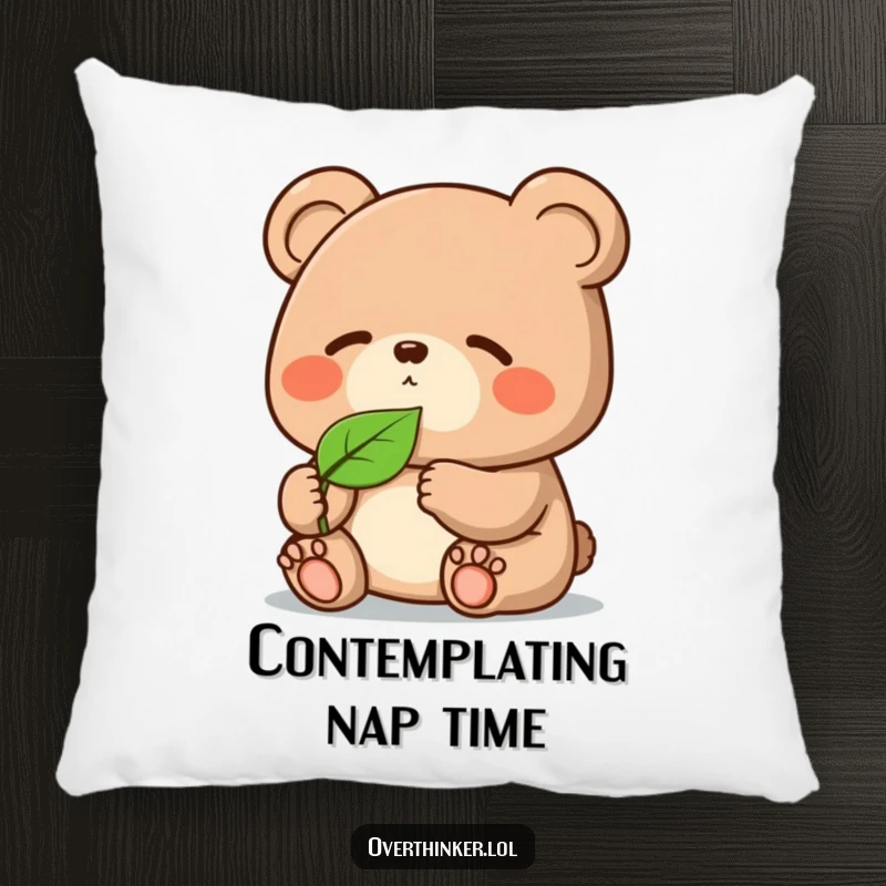 Funny Kawaii bear pillow, a cute character resting while intensely pondering a single floating leaf with a humorous expression.