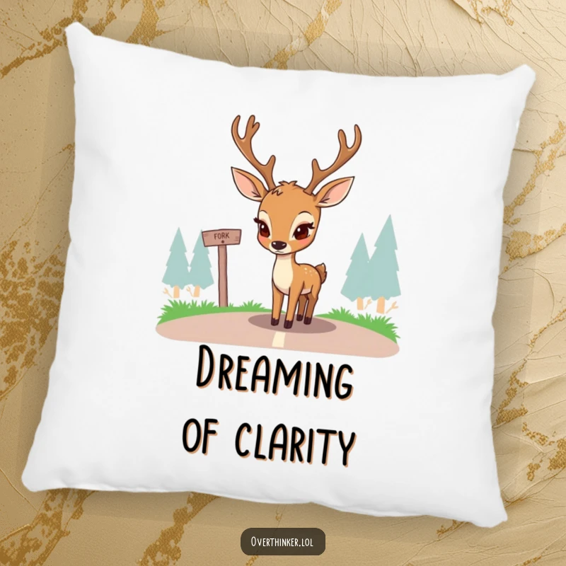 Funny pillow featuring a deer with furrowed brows, looking thoughtfully at a fork in the road. Soft, humorous, and perfect for a cozy chuckle.