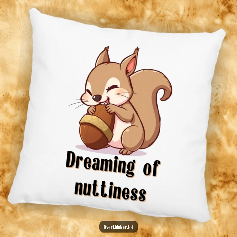 Funny pillow design of a squirrel looking overwhelmed while trying to eat a giant acorn.
