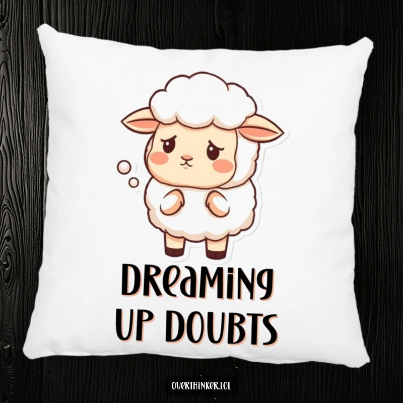 Funny pillow showing a sheep with a furrowed brow, questioning the shape of a cloud, ideal for comfort.