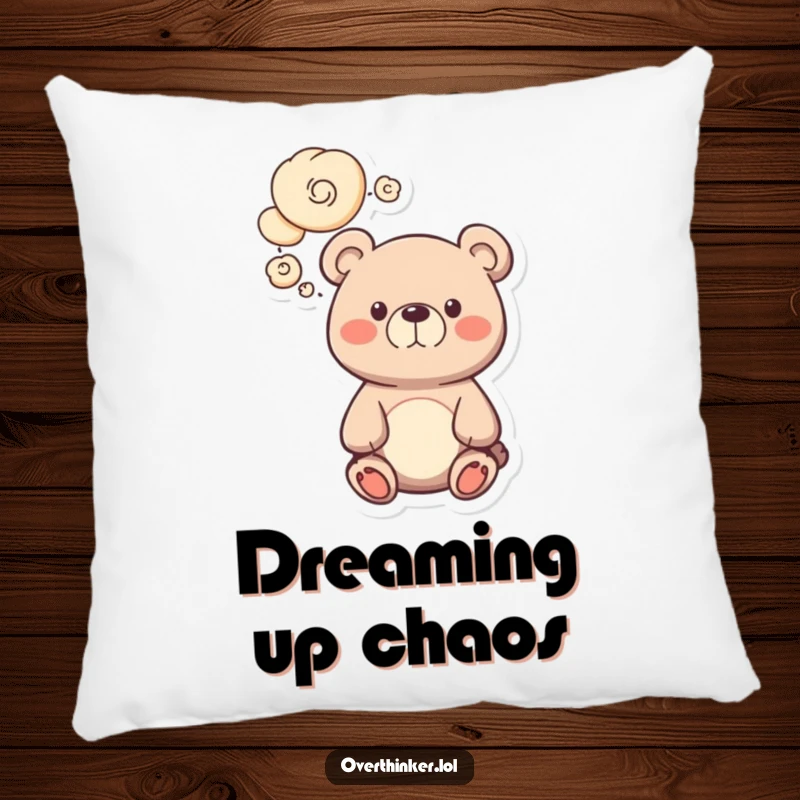 Funny bear pillow with a cute character engrossed in swirling thought bubbles, creating a humorous and endearing decorative accent. Perfect gift.
