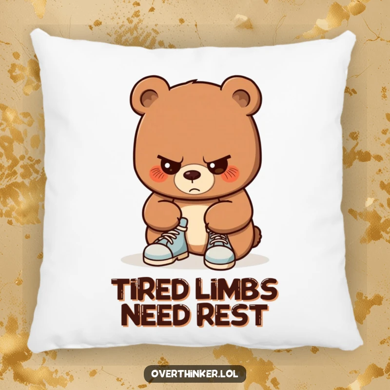 Funny pillow featuring a bear looking extremely focused while trying to tie its shoelaces. Soft, humorous, and perfect for a cozy chuckle.