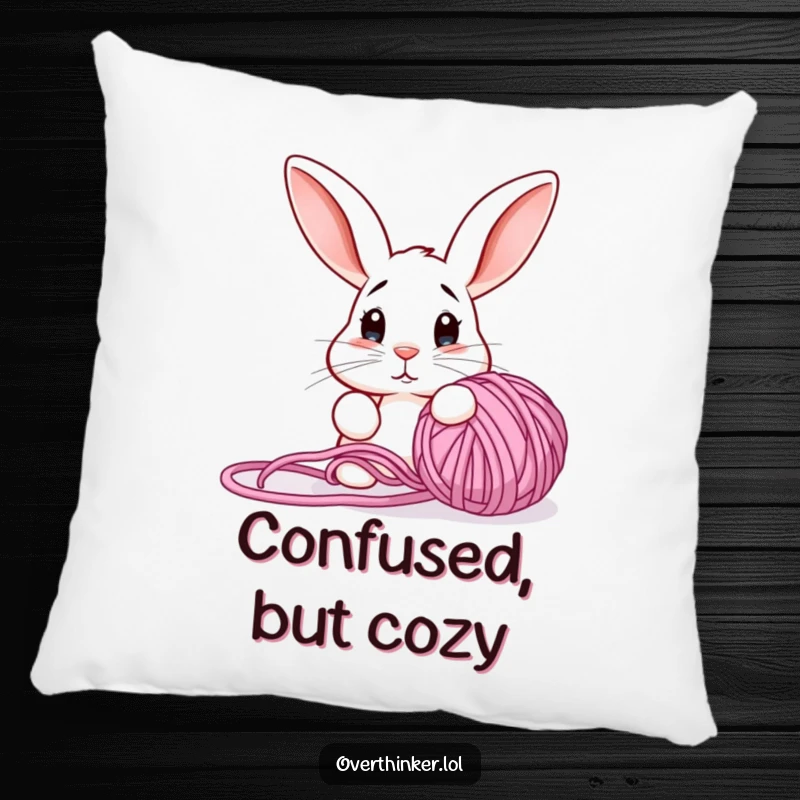 Funny pillow with a confused rabbit staring at a tangled yarn ball, adding a touch of crafty humor to decor.