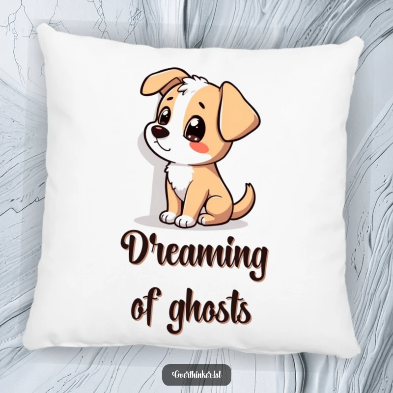 Funny pillow featuring a dog with its head tilted, staring intently at a shadow, perfect for adding humorous comfort.