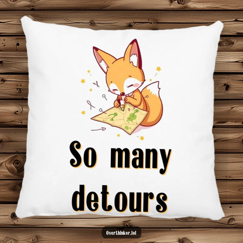 Funny fox pillow with a frantic character drawing many paths on a tiny map, offering humorous and relatable comfort. Perfect gift.