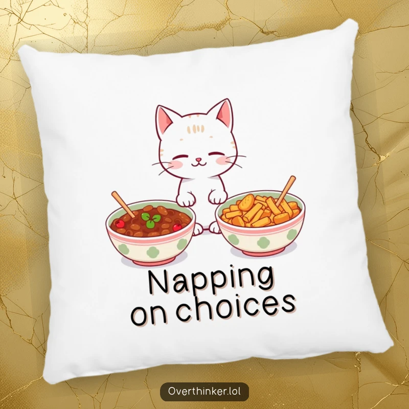 Funny Kawaii cat pillow with a cute cat looking between two identical food bowls, perfect for adding humor to decor.