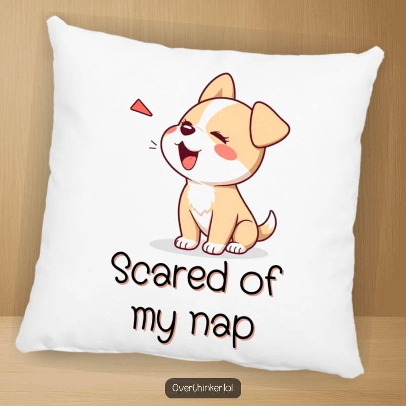 Funny Kawaii dog pillow, a cute character resting while barking at its own shadow, offering humorous comfort.