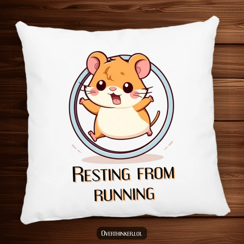 Funny Kawaii hamster pillow with a cute hamster abruptly stopping on a wheel, perfect for adding humor to decor.