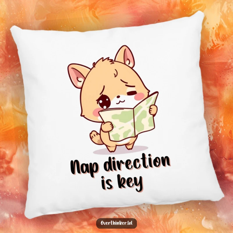 Funny pillow with a cute, confused animal character holding an upside-down map, looking lost but cozy and ready for a nap.