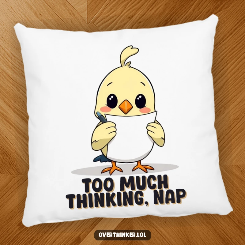 Funny pillow featuring an overthinking bird with a pen, staring determinedly at a blank paper, representing creative contemplation.
