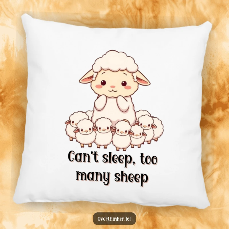 Funny pillow depicting an overwhelmed sheep character counting an excessive number of sheep, ideal for comfort.