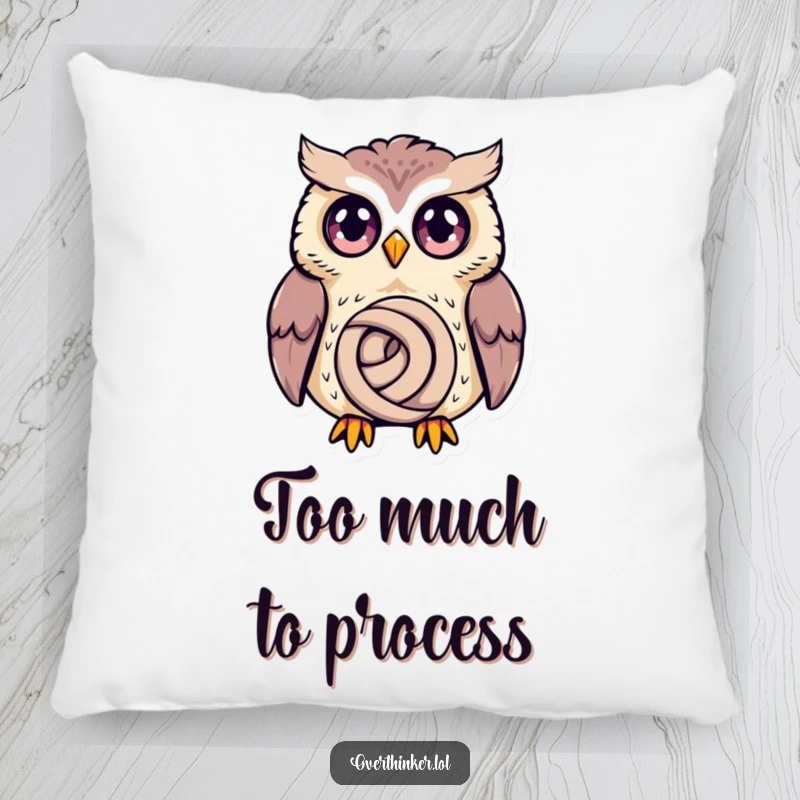 Funny Owl Pillow showcasing a wide-eyed owl intensely thinking about a tiny knot, a humorous home decor item.