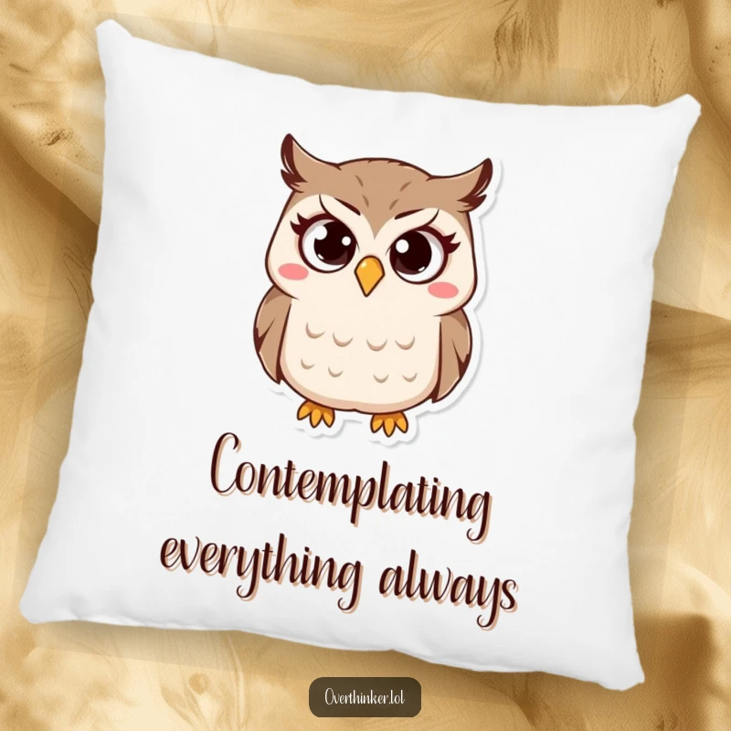 Funny Owl Pillow featuring a small owl character with wide, questioning eyes and a furrowed brow, offering soft, humorous comfort. Decorative pillow.