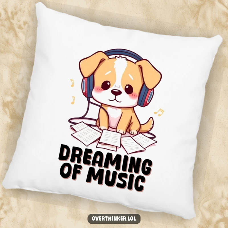 Funny Pillow: A dog confused by sheet music and tangled headphones humorously symbolizes musical practice and provides comfortable, quirky décor.