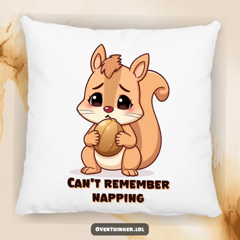Funny squirrel pillow with a perplexed character holding a nut, offering humorous and relatable comfort. Perfect gift.