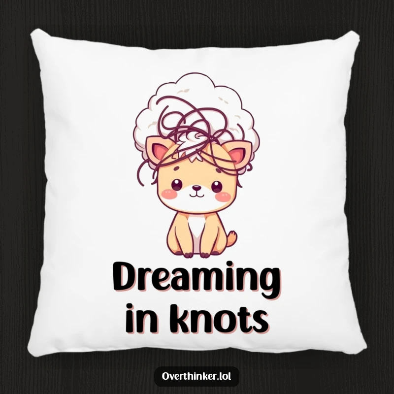 Funny kawaii pillow featuring a cute animal with a cloud of tangled thoughts, providing comfort and a humorous representation of a busy mind.