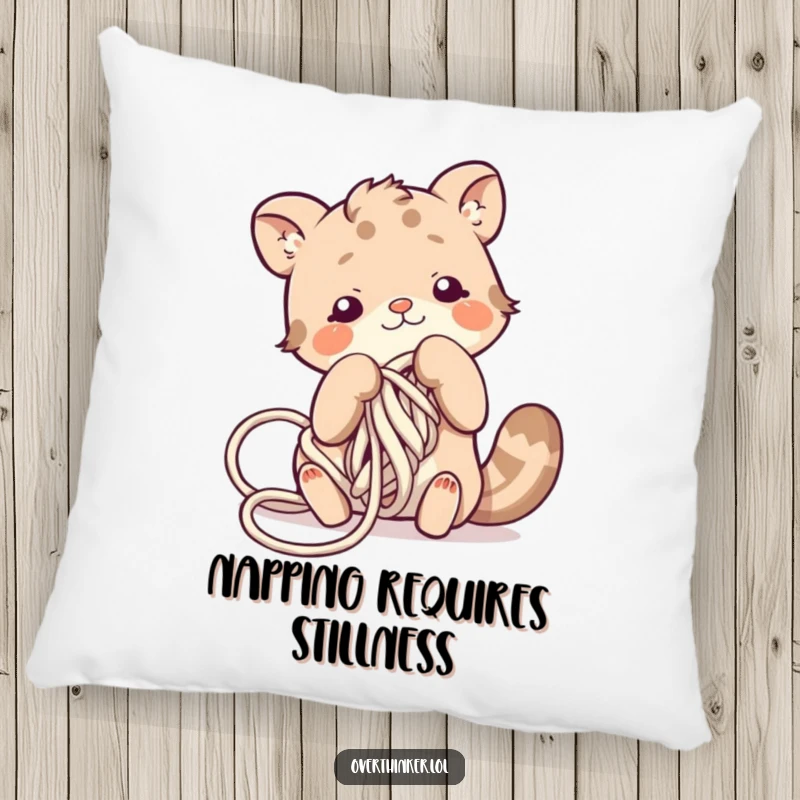 Funny pillow with a cute animal character comically stuck in a messy tangle of yarn, offering comfort and humor.