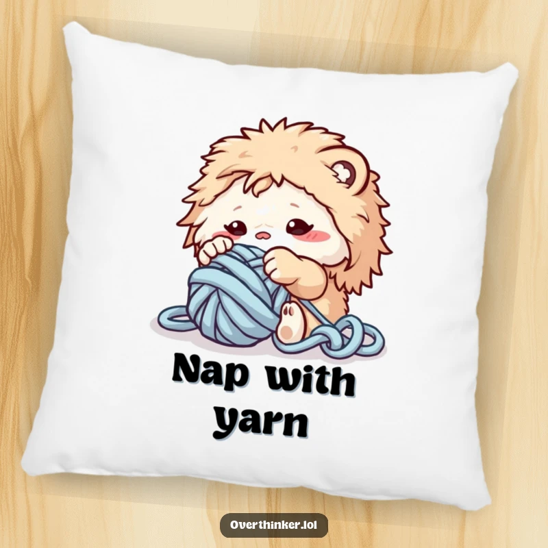Funny pillow featuring a fluffy creature comically tangled in a ball of yarn, bringing cozy vibes to relaxation.