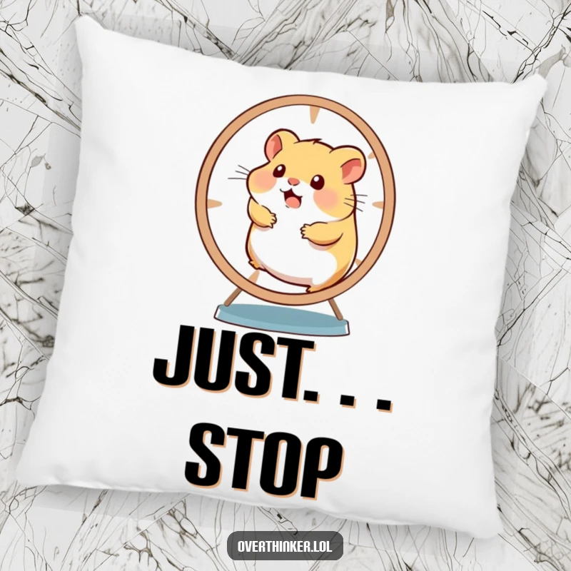 Funny and soft pillow depicting a hamster on a wheel, looking utterly overwhelmed and overworked.