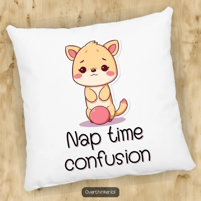 Funny kawaii animal pillow with a cute animal with its head stuck in a giant question mark, looking dazed.