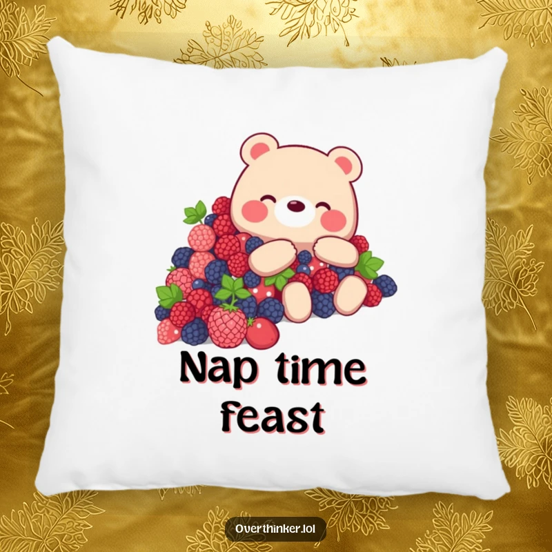 Funny Bear Pillow showcasing a bear overwhelmed by berries, humorous home decor.