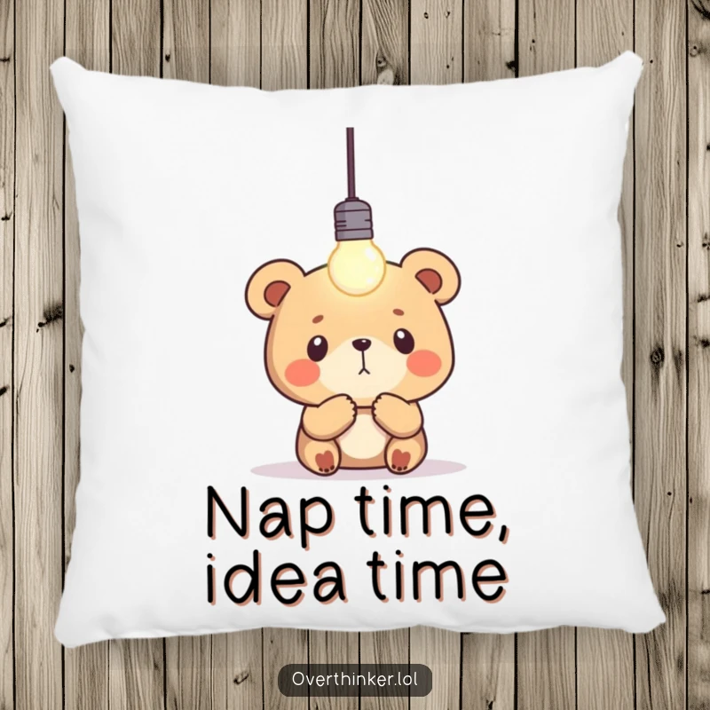 Funny bear pillow showing a bear staring intently at a blinking lightbulb, offering comfort and a touch of intellectual humor.