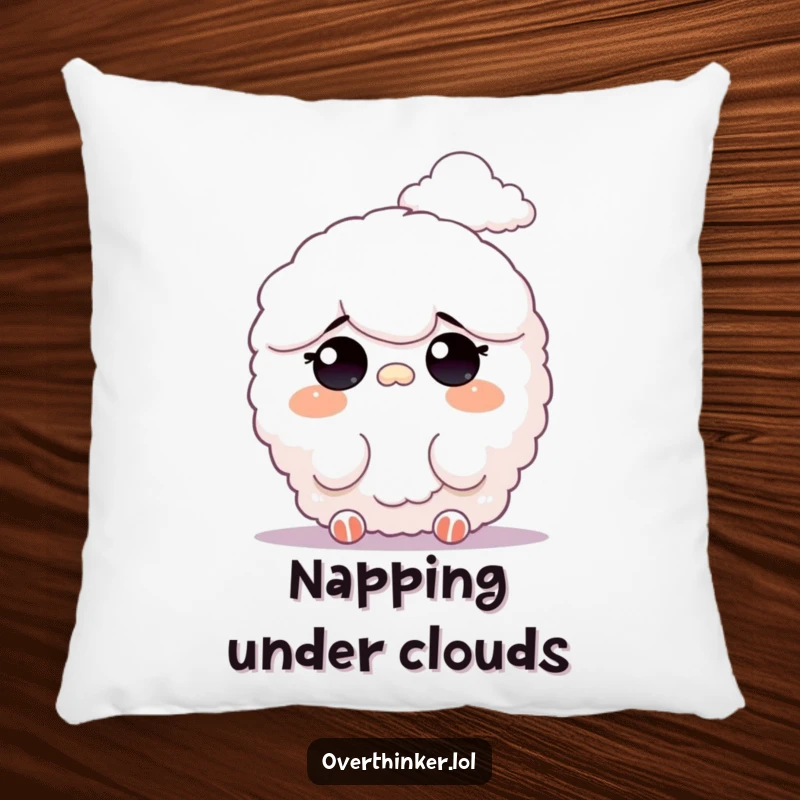 Funny pillow featuring a fluffy character comically squinting at a distant cloud formation, adding whimsical comfort and dreamy vibes.