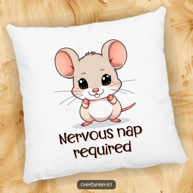 Funny pillow showing a mouse with darting eyes, sensing imagined dangers, perfect for a humorous touch.