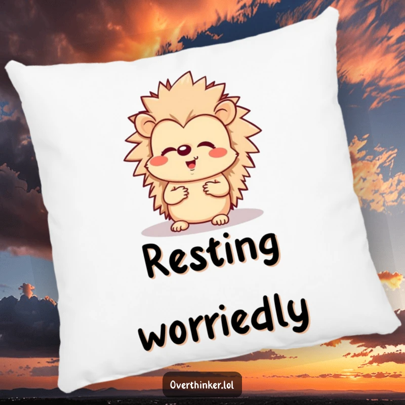 Funny and soft pillow depicting a cheerful hedgehog looking worriedly at its shadow.