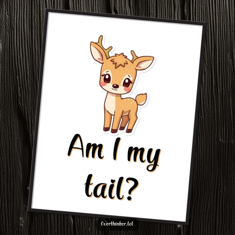 Funny digital art print of a deer character with a confused expression watching its own tail, a humorous and charming illustration.