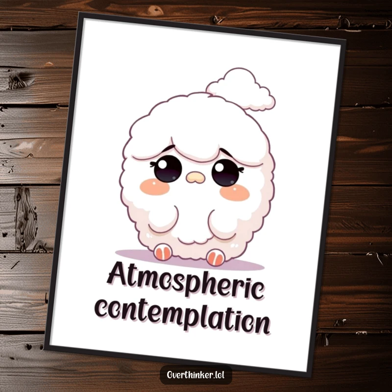 Funny digital art print of a fluffy character squinting at a faint, distant cloud formation, symbolizing imagination and peaceful contemplation.