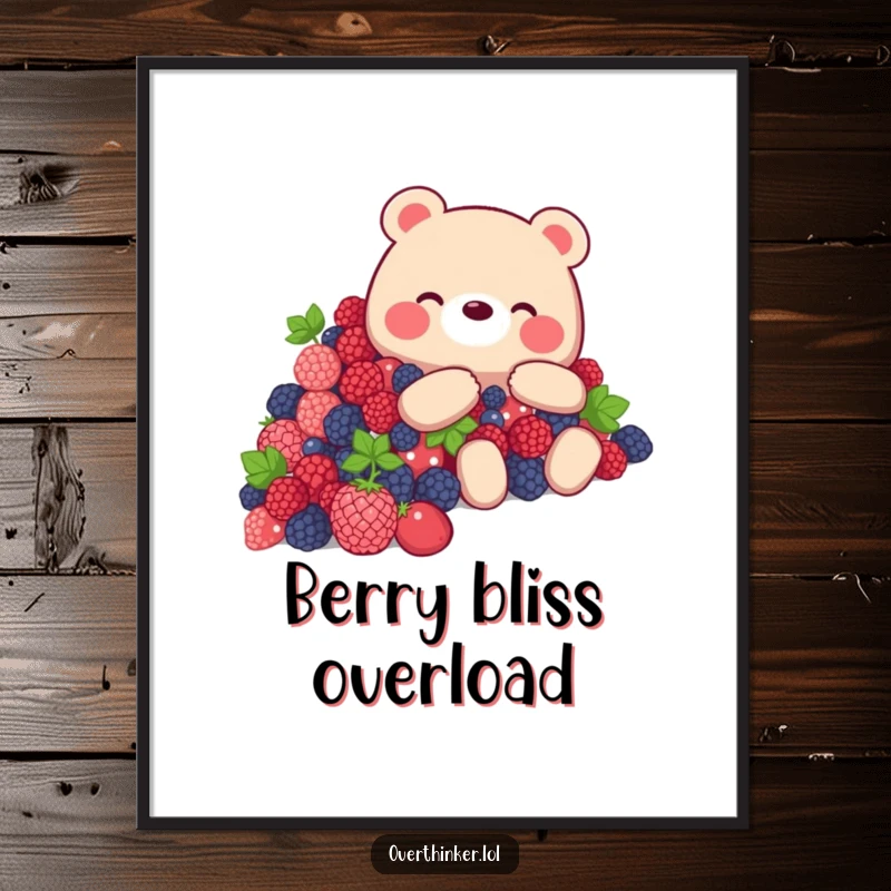 Funny Bear Digital Art Print: a bear overwhelmed by berries, humorous downloadable wall art.
