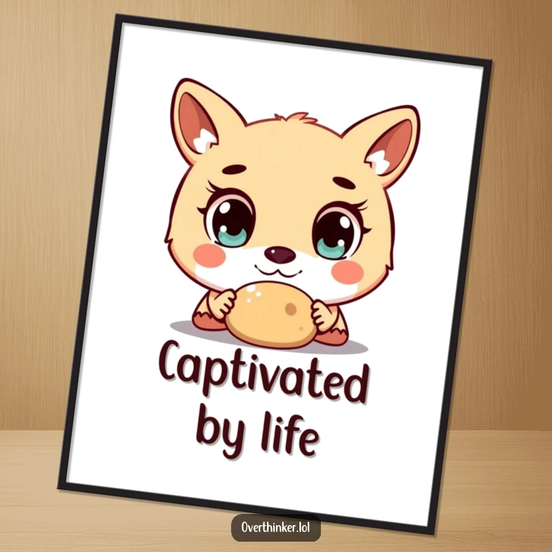 Funny digital art print of an animal character with massive, staring eyes focused on a simple object, evoking surprise.