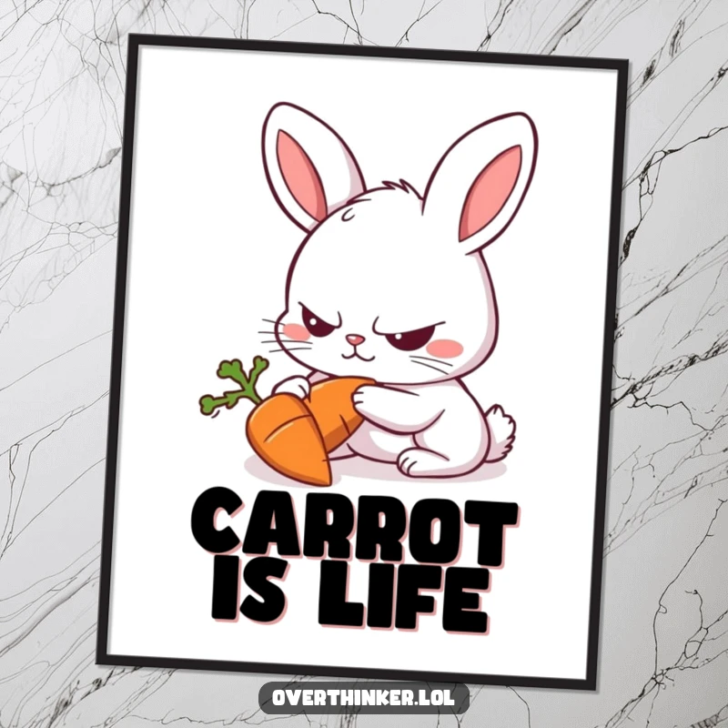 Funny Rabbit Digital Art Print: a rabbit intensely focused on a carrot, humorous downloadable wall art.