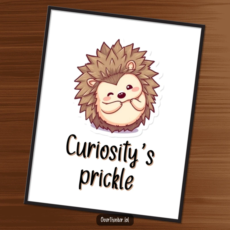Funny Kawaii hedgehog digital art print, a cute character curling into a ball then peeking out inquisitively, perfect for humorous wall decor.
