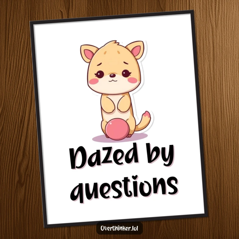 Funny kawaii animal digital art print featuring a cute animal with its head stuck in a giant question mark, looking dazed.