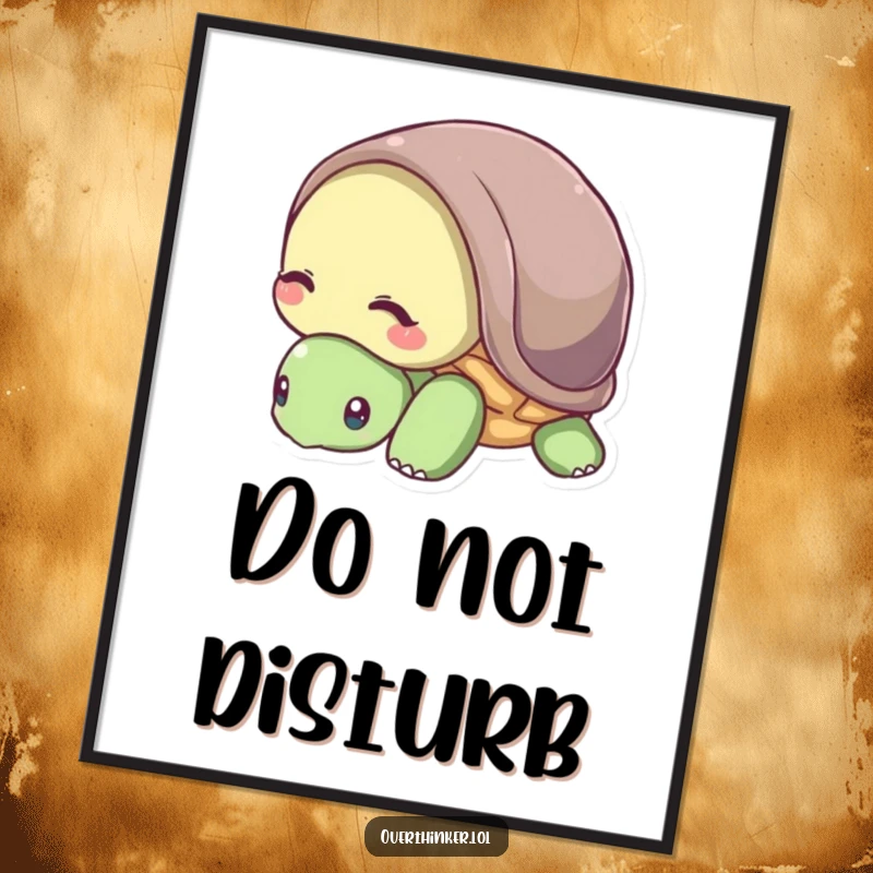 Funny digital art print of a shy turtle with its head slightly tucked into its shell, conveying introversion.