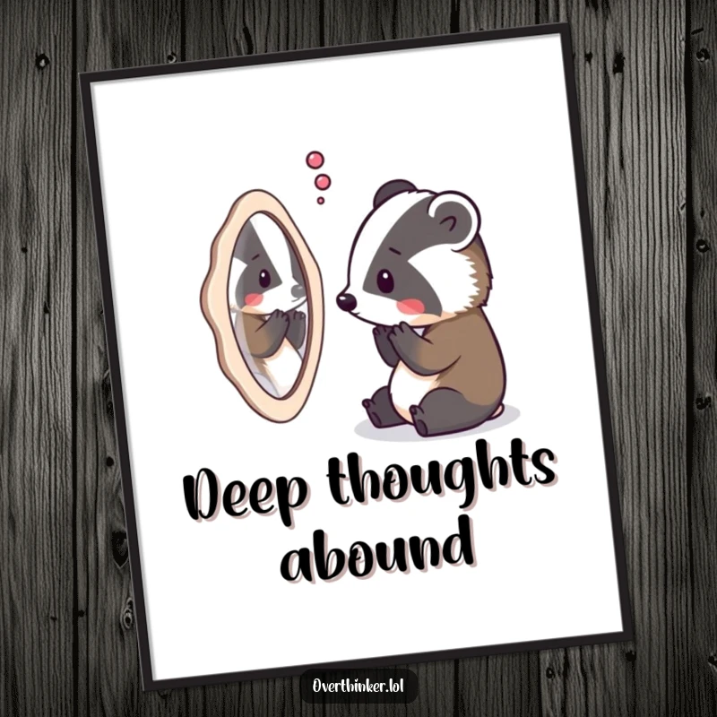 Funny digital art print of an overthinking badger staring intently at its reflection, contemplating the meaning of life.