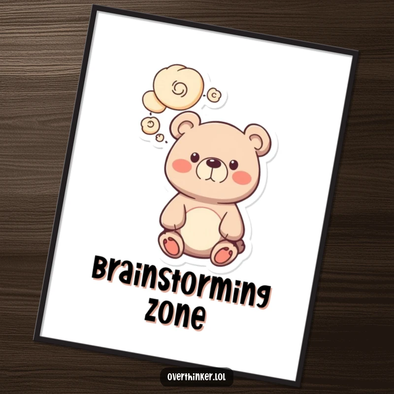 Funny bear digital art print of a cute character with swirling thought bubbles, offering humorous and charming decor. Great gift.