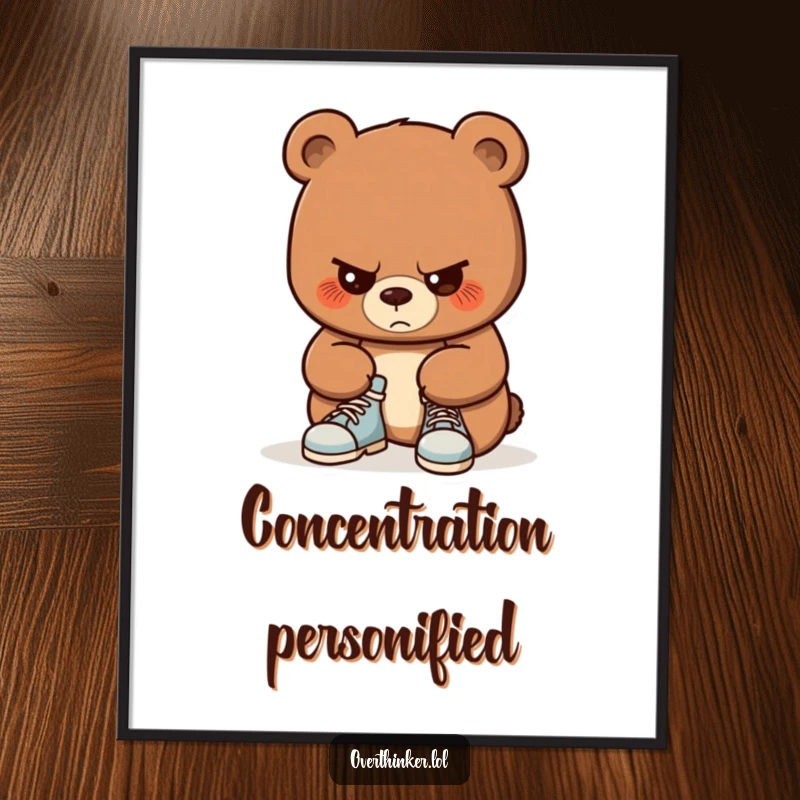 Funny digital art print of a bear with intense concentration on tying its shoelaces. Instant, humorous decor symbolizing effort and focus.