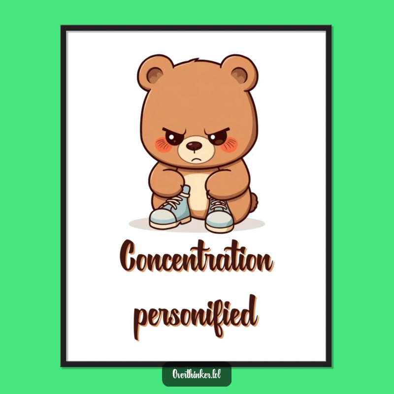 Funny Bear Shoe Tying Digital Print: Focused Cub Art, Instant Gift